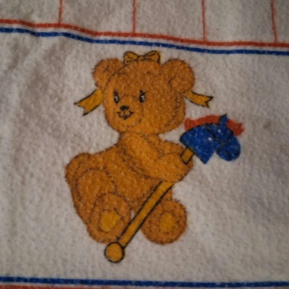 Vtg 80s Dundee Teddy Bear‎ Boy Girl AOP Flannel Receiving Blanket Primary Colors